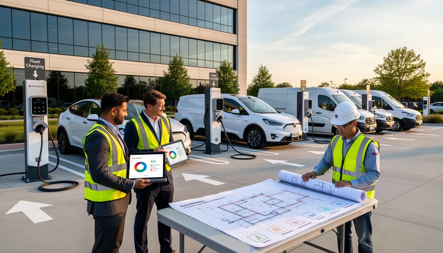 Multiple commercial EV charging stations installed in corporate office parking lot