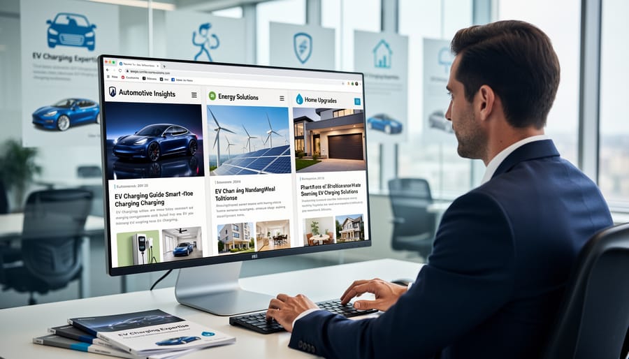Business professional researching EV charging information on laptop and mobile device