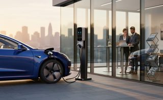 Electric car plugged into a modern charging station outside a glass office, with two professionals discussing over a laptop inside and warm sunset lighting