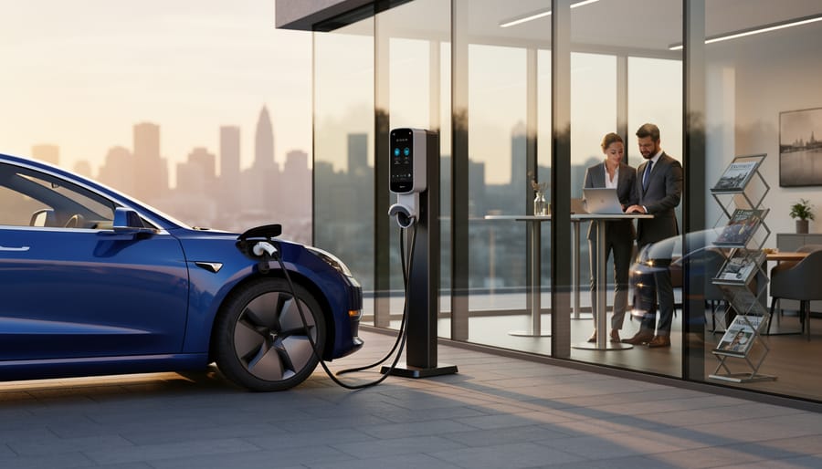 Electric car plugged into a modern charging station outside a glass office, with two professionals discussing over a laptop inside and warm sunset lighting